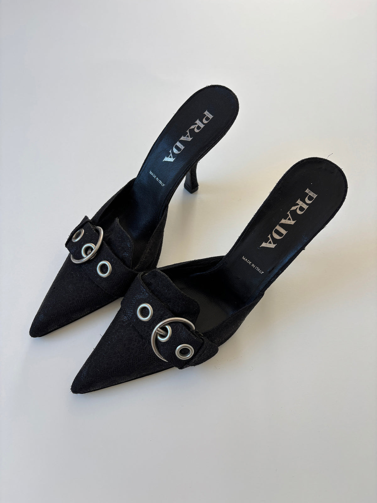 Prada S/S 2002 black glittery brocat silver buckle kitten heel mules  (EU 39 / US 8.5)