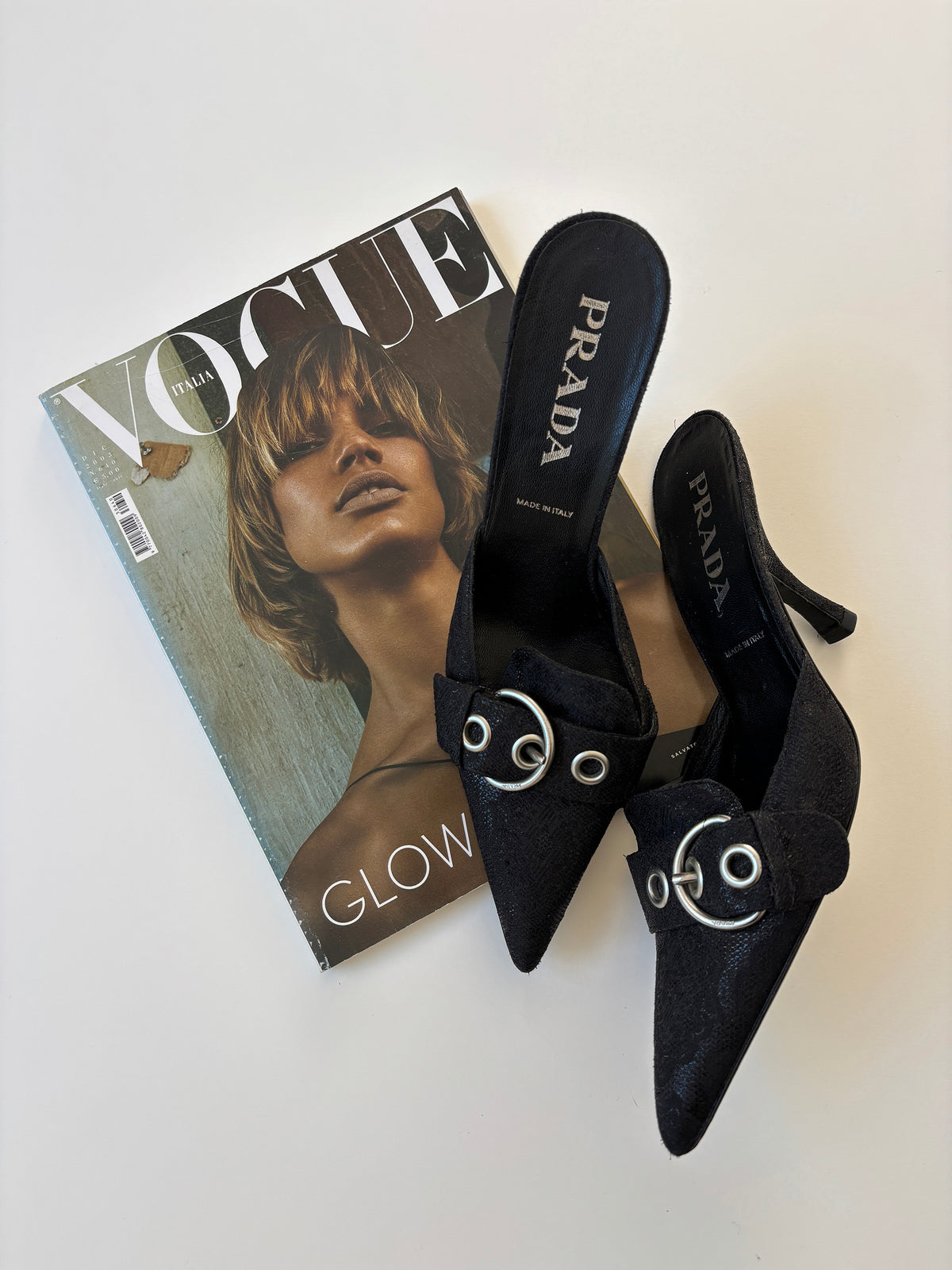 Prada S/S 2002 black glittery brocat silver buckle kitten heel mules  (EU 39 / US 8.5)