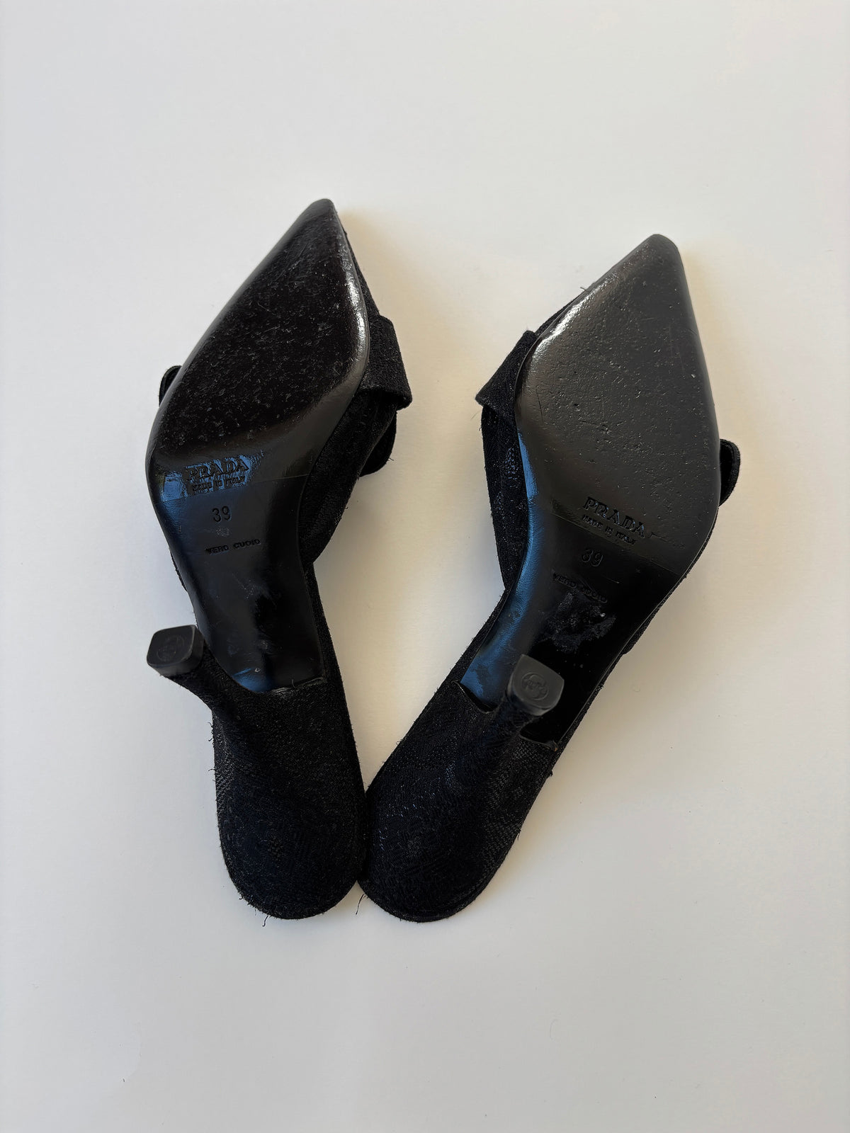 Prada S/S 2002 black glittery brocat silver buckle kitten heel mules  (EU 39 / US 8.5)