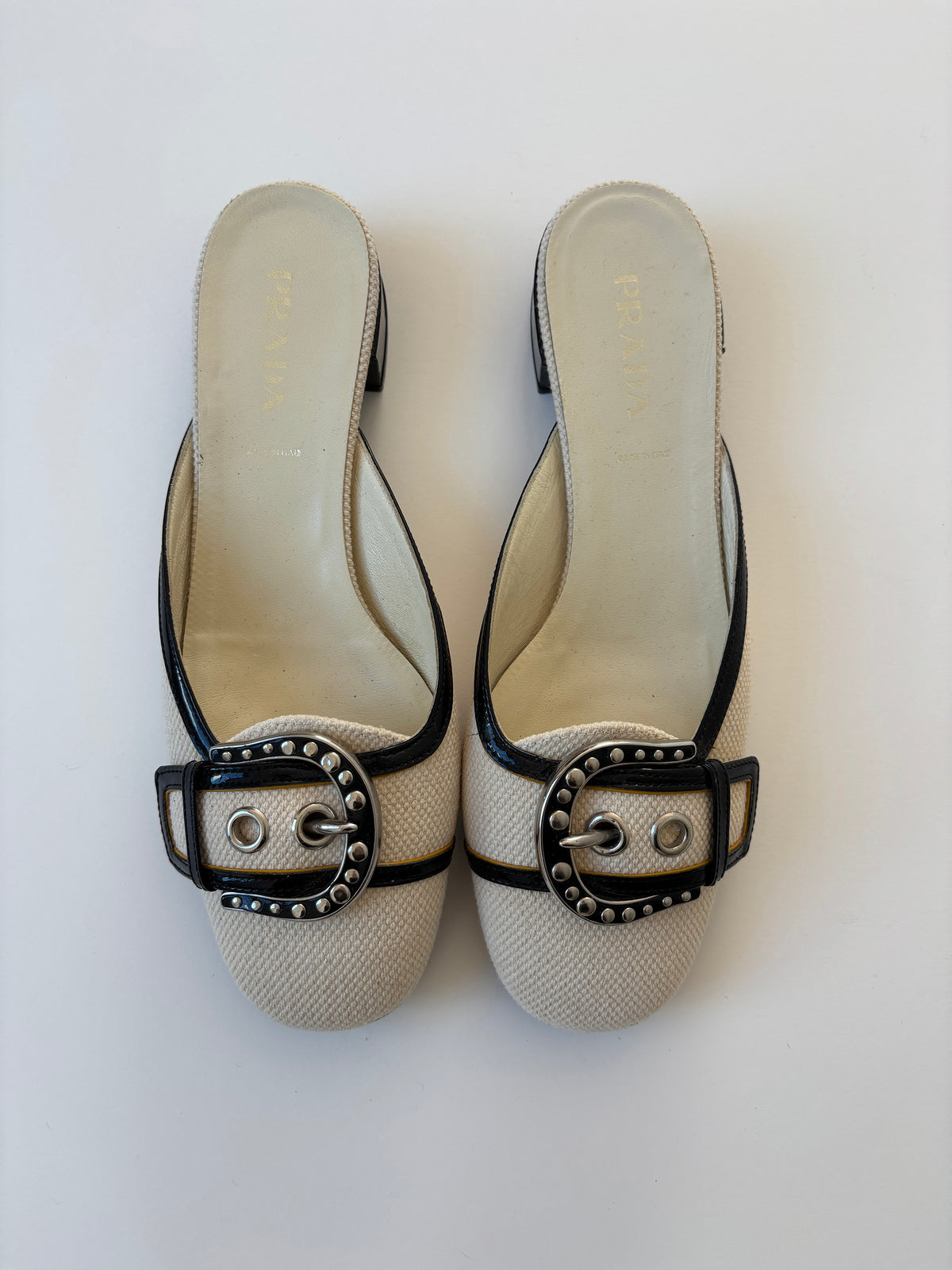 Prada S/S 2002 cream white buckle mules UNWORN  (EU 38 / US 7.5)
