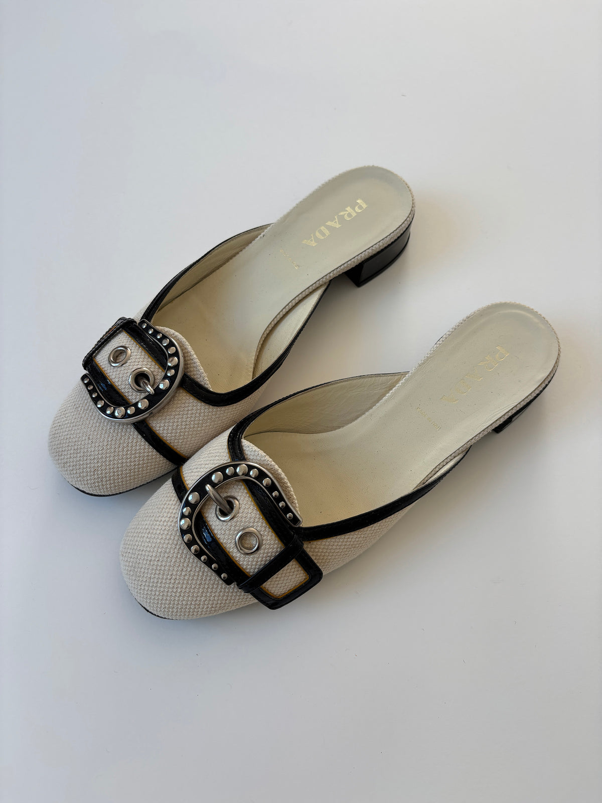 Prada S/S 2002 cream white buckle mules UNWORN  (EU 38 / US 7.5)