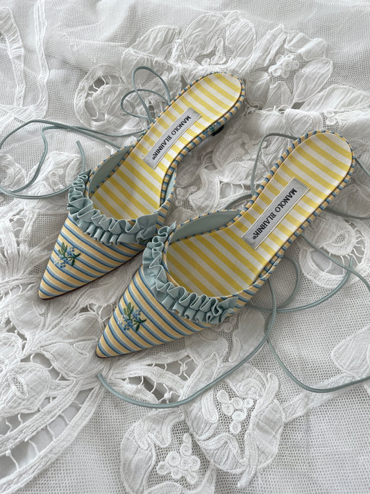 Vintage Manolo Blahnik 2000s yellow and light blue striped kitten heels with floral embroidery and ankle straps