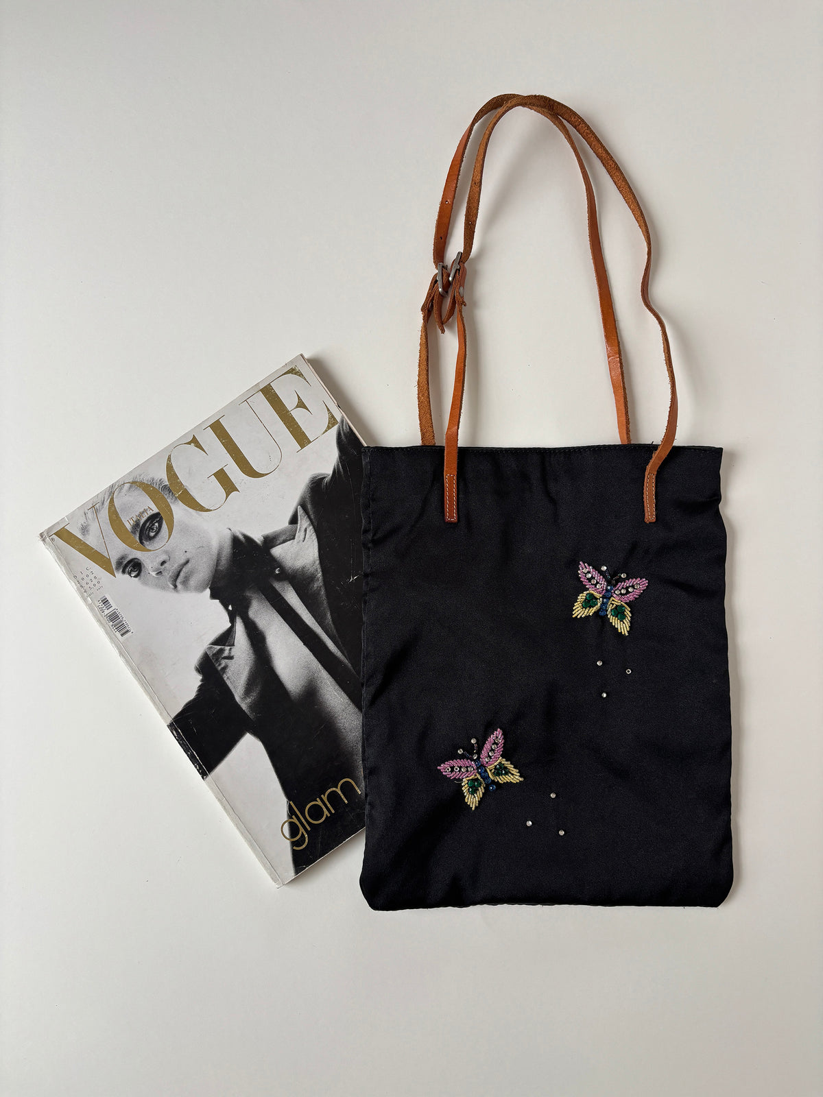 Dolce & Gabbana 2000s silk beaded butterfly rhinestone mini tote bag