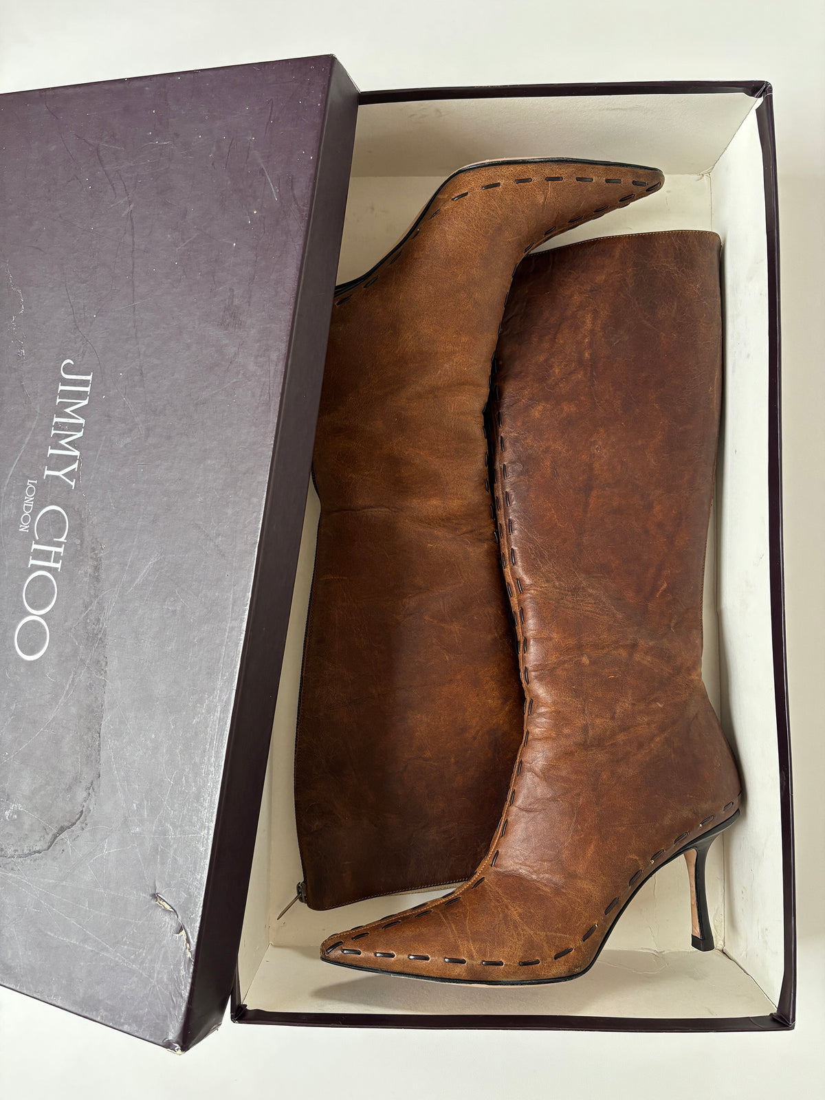 Jimmy Choo iconic 1990s tan distressed stitching boots (EU 37,5 / US 7)