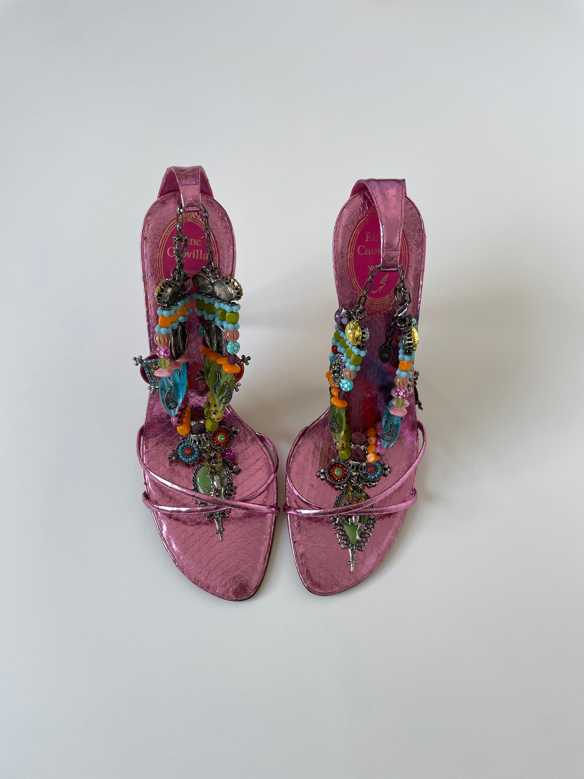 Vintage Rene Caovilla 2000s rare embellished pink metallic python jewelry heels with cute rhinestones and insane charms