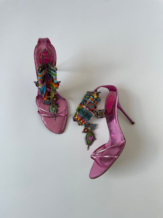 Vintage Rene Caovilla 2000s rare embellished pink metallic python jewelry heels with cute rhinestones and insane charms