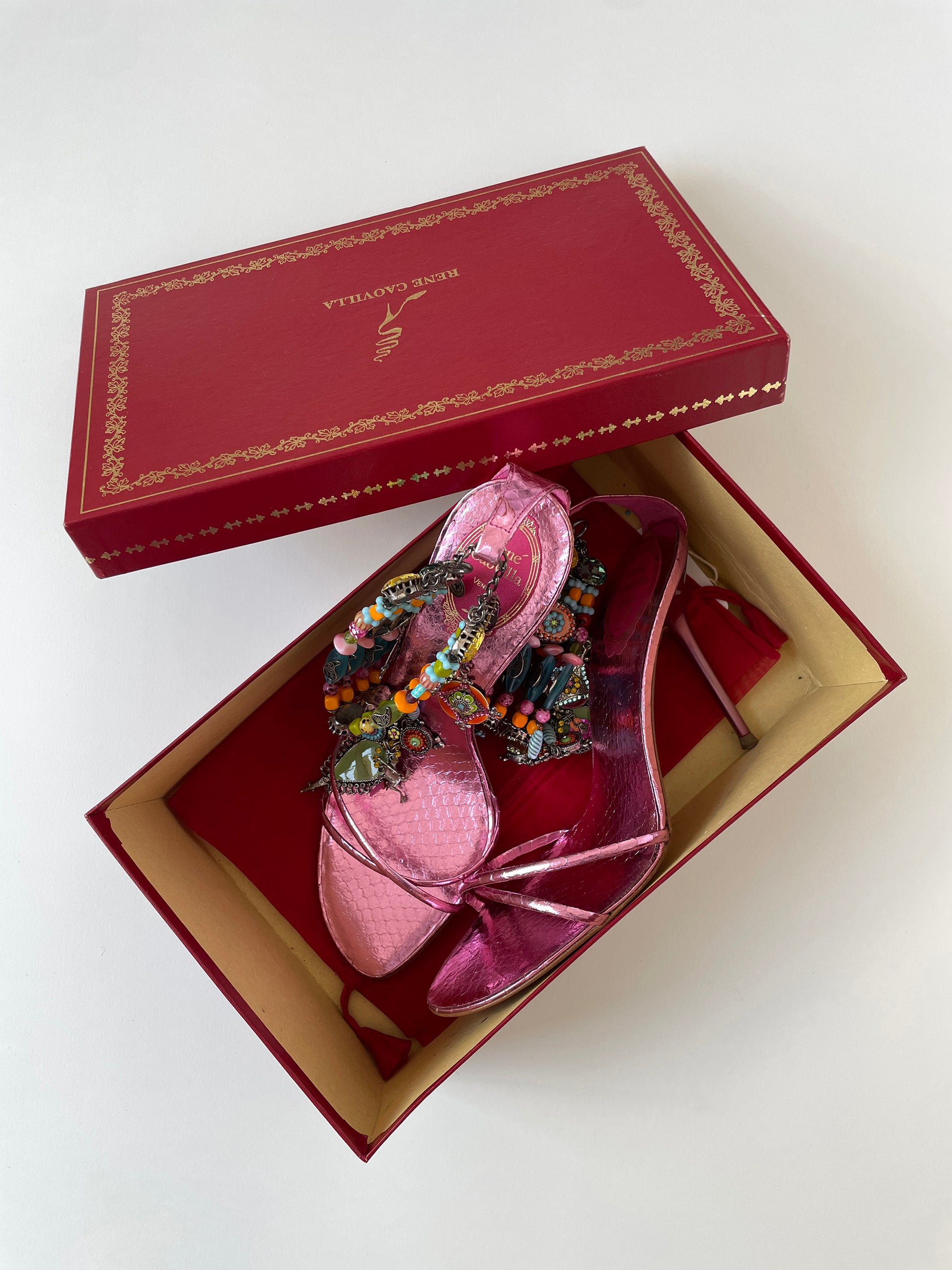 Vintage Rene Caovilla 2000s rare embellished pink metallic python jewelry heels with cute rhinestones and insane charms