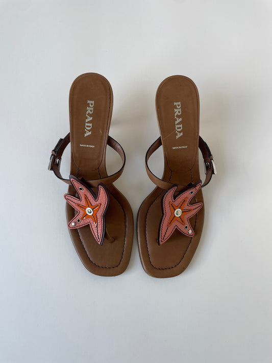 Vintage Prada 2000s pink and tan starfish thong kitten heels