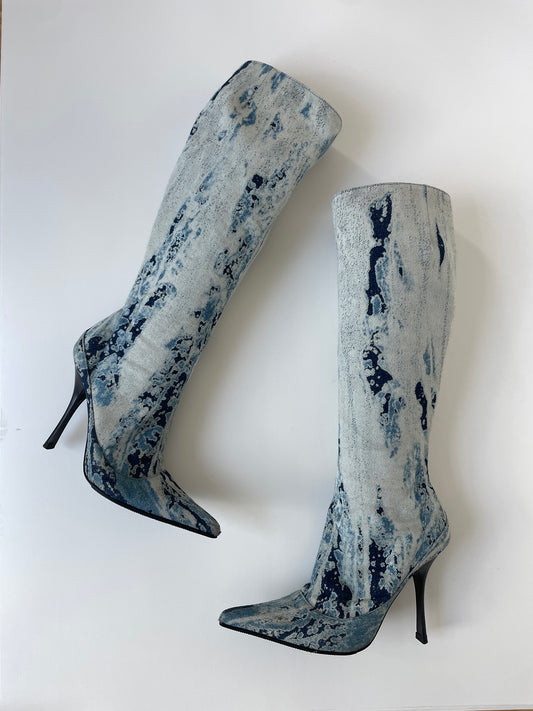 Vintage Roberto Cavalli 2000s knee high denim tie dye boots