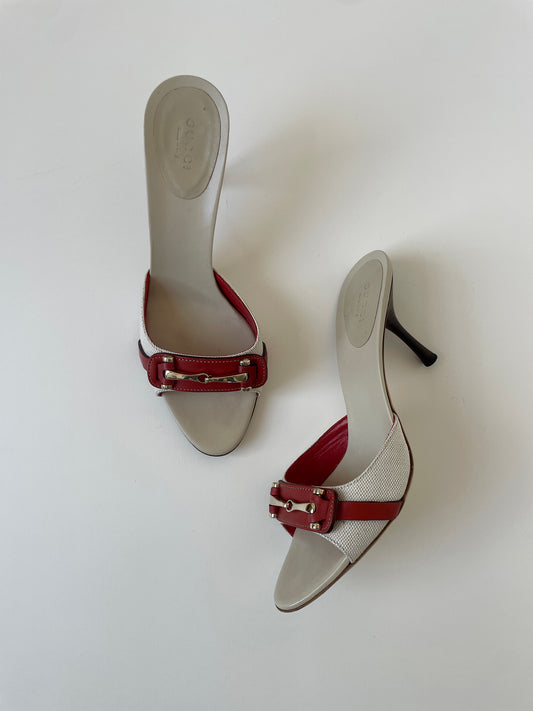 Vintage Gucci by Tom Ford beige linen/ tangerine slim horsebit heels