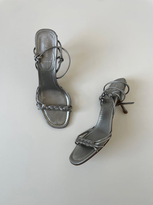 Vintage Miu Miu 2000s silver braided kitten heels with skinny ankle straps