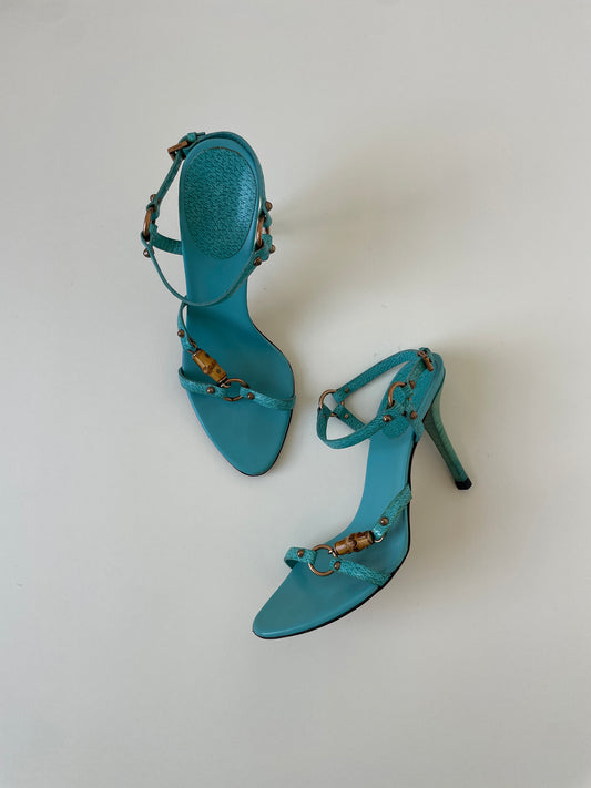 Vintage Gucci 2000s by Tom Ford iconic turquoise heels with bamboo details