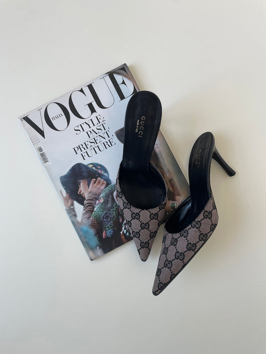 Vintage Gucci by Tom Ford iconic light rose pink and black monogram mules