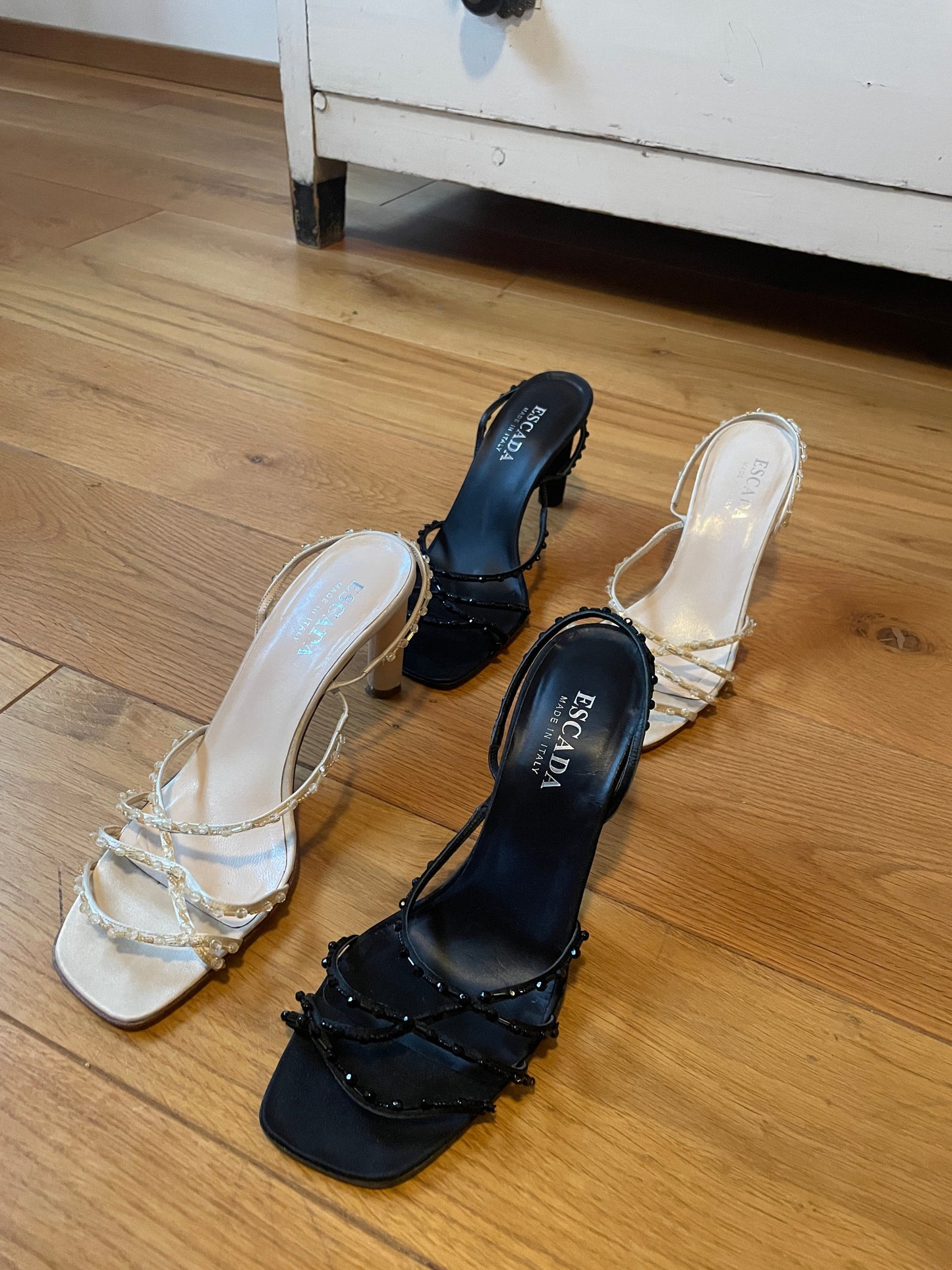 Escada 90s black satin strappy pearls sandals (EU 38 / US 7,5)