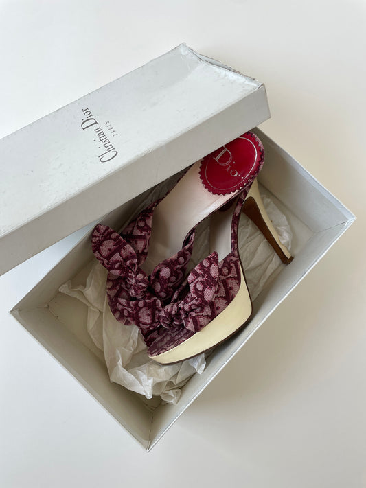 Vintage Christian Dior 2000s by John Galliano red monogram platform heels with cute knot bow details