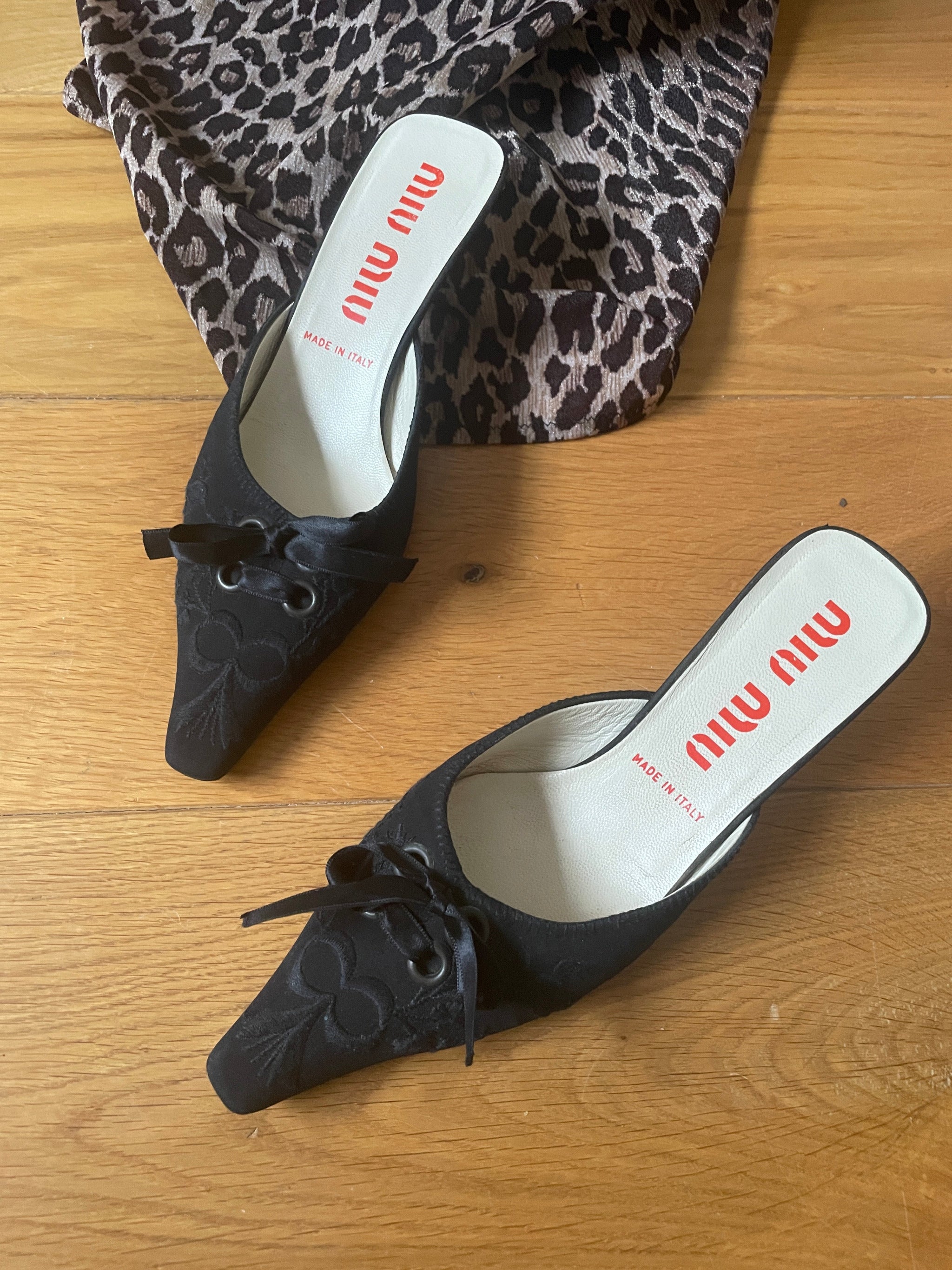 Miu Miu embroidered bow kitten heel mules