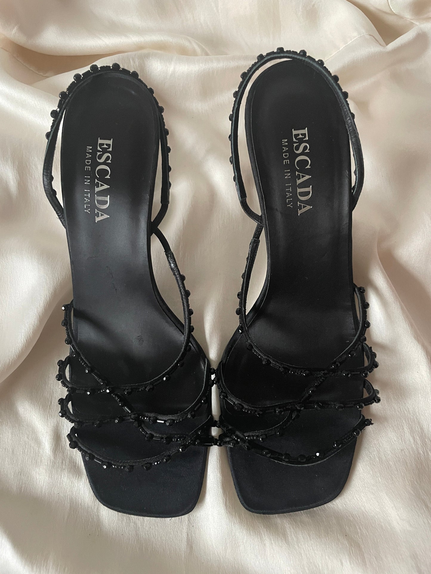 Escada 90s black satin strappy pearls sandals (EU 38 / US 7,5)