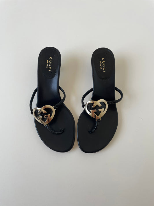 Vintage Gucci by Tom Ford 2000s black GG interlocking heart shaped thong kitten heels