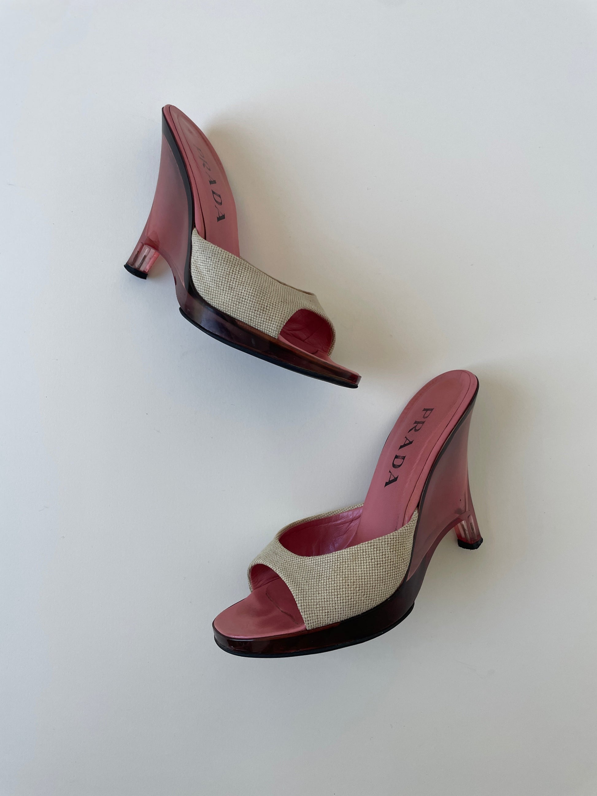 Vintage Prada S/S 1998 iconic runway lucite glass wedge heels with pink transparent heel and linen fabric