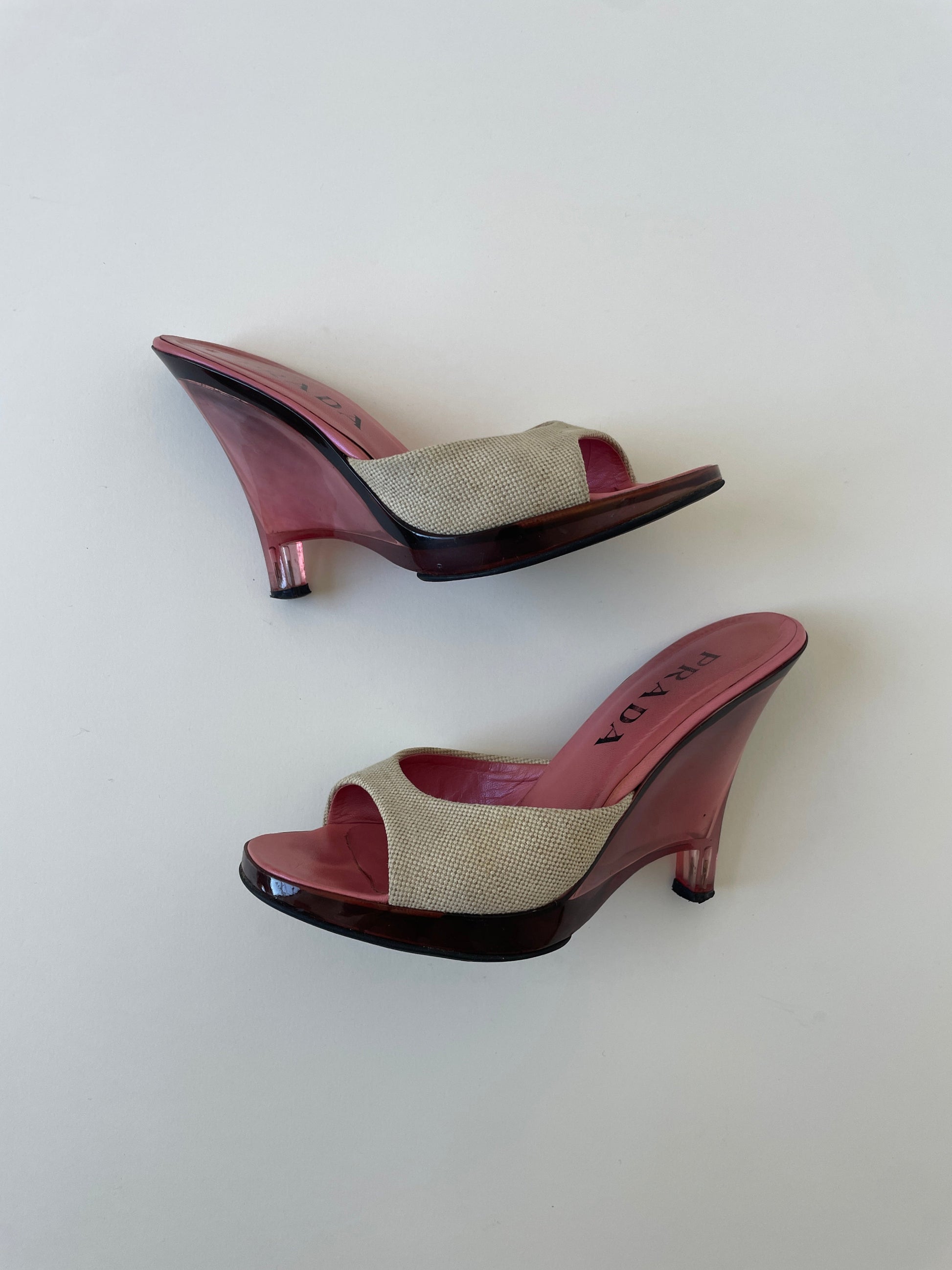 Vintage Prada S/S 1998 iconic runway lucite glass wedge heels with pink transparent heel and linen fabric