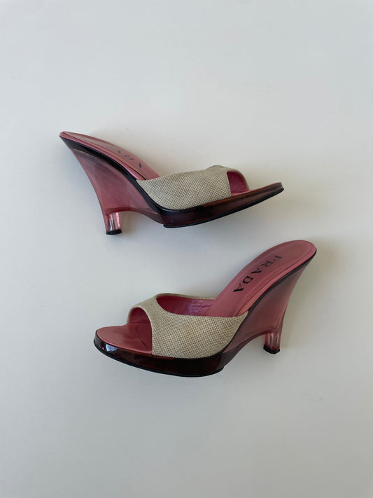 Vintage Prada S/S 1998 iconic runway lucite glass wedge heels with pink transparent heel and linen fabric