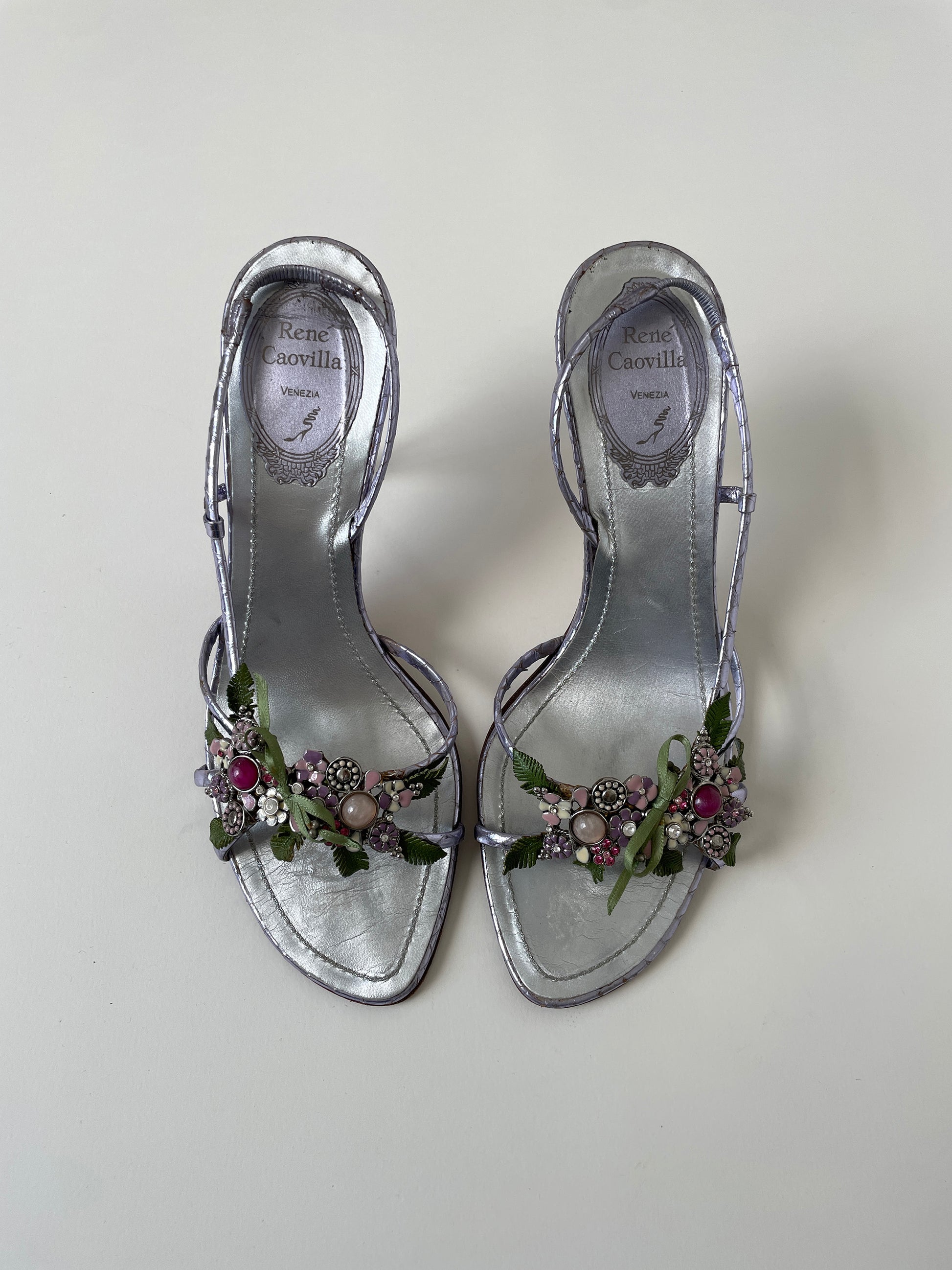Vintage Rene Caovilla 2000s silver lilac garden jewelry sandal heels with stunning details