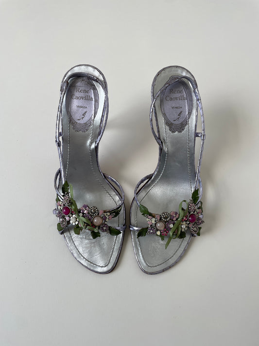 Vintage Rene Caovilla 2000s silver lilac garden jewelry sandal heels with stunning details