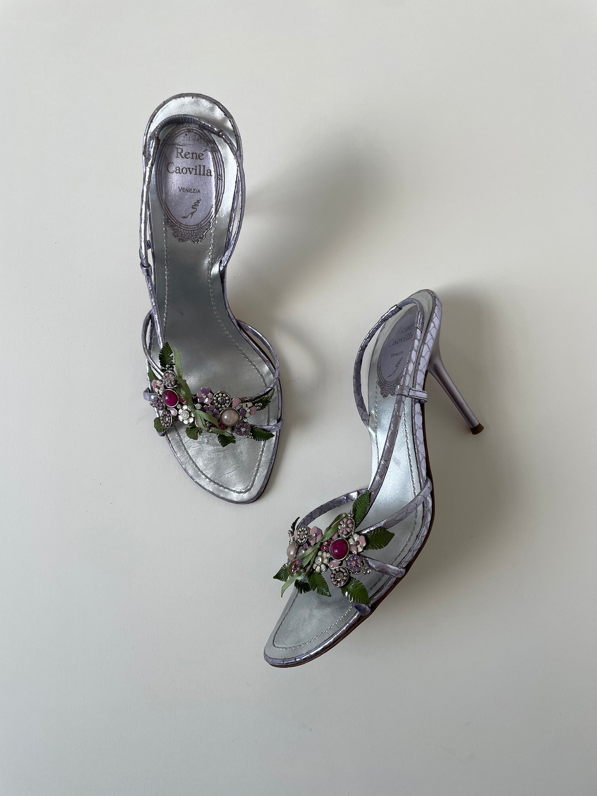 Vintage Rene Caovilla 2000s silver lilac garden jewelry sandal heels with stunning details