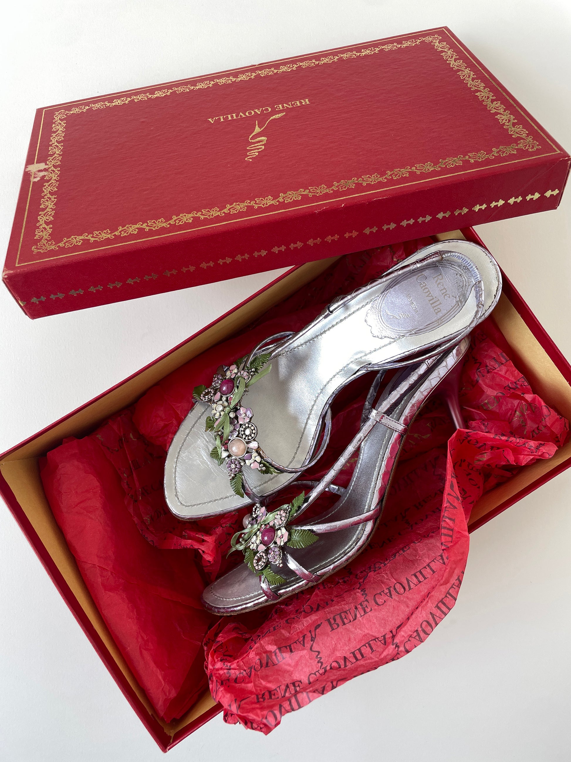Vintage Rene Caovilla 2000s silver lilac garden jewelry sandal heels with stunning details