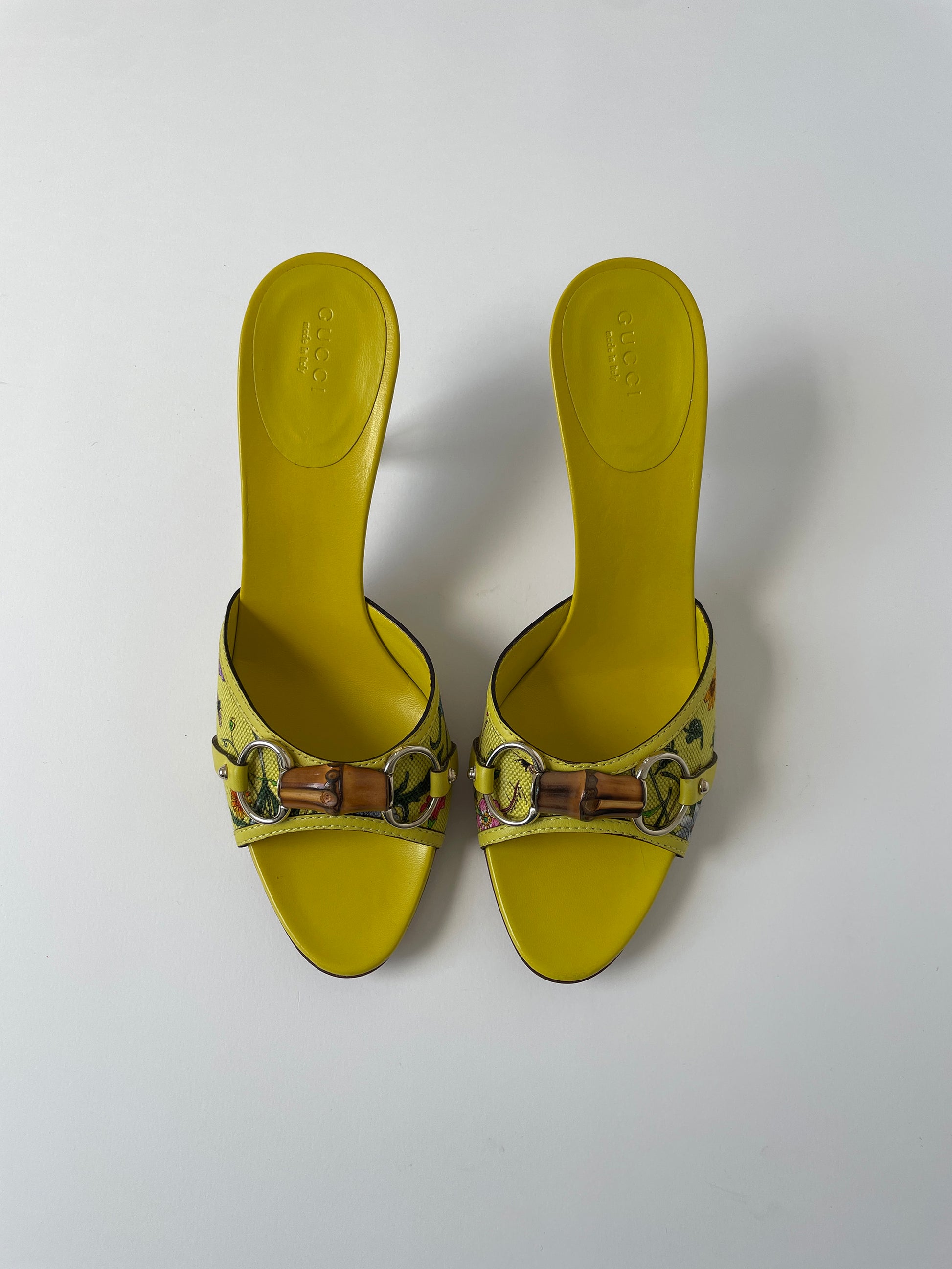 Vintage Gucci by Tom Ford iconic yellow flora bamboo horsebit sandal heels