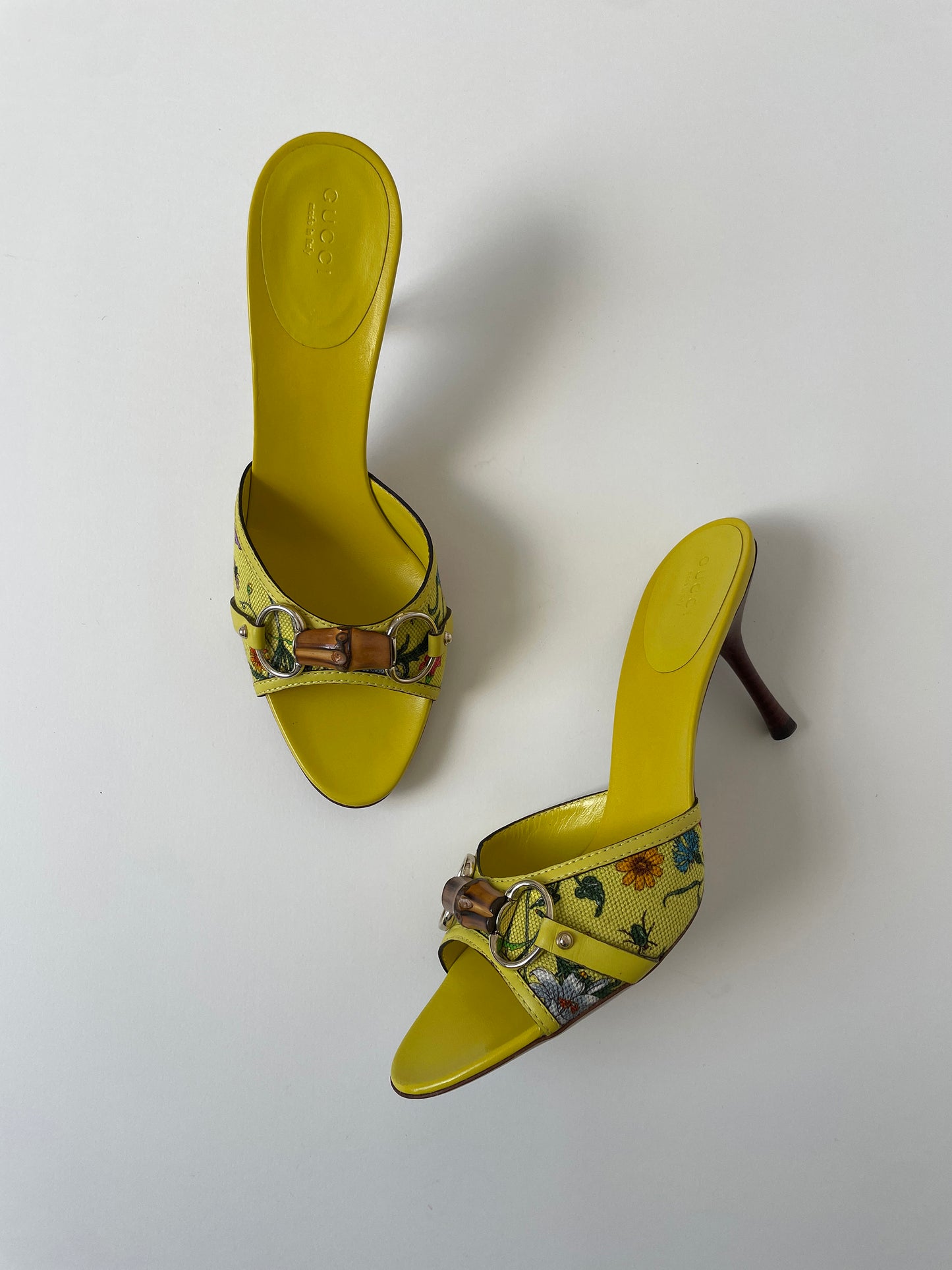 Vintage Gucci by Tom Ford iconic yellow flora bamboo horsebit sandal heels