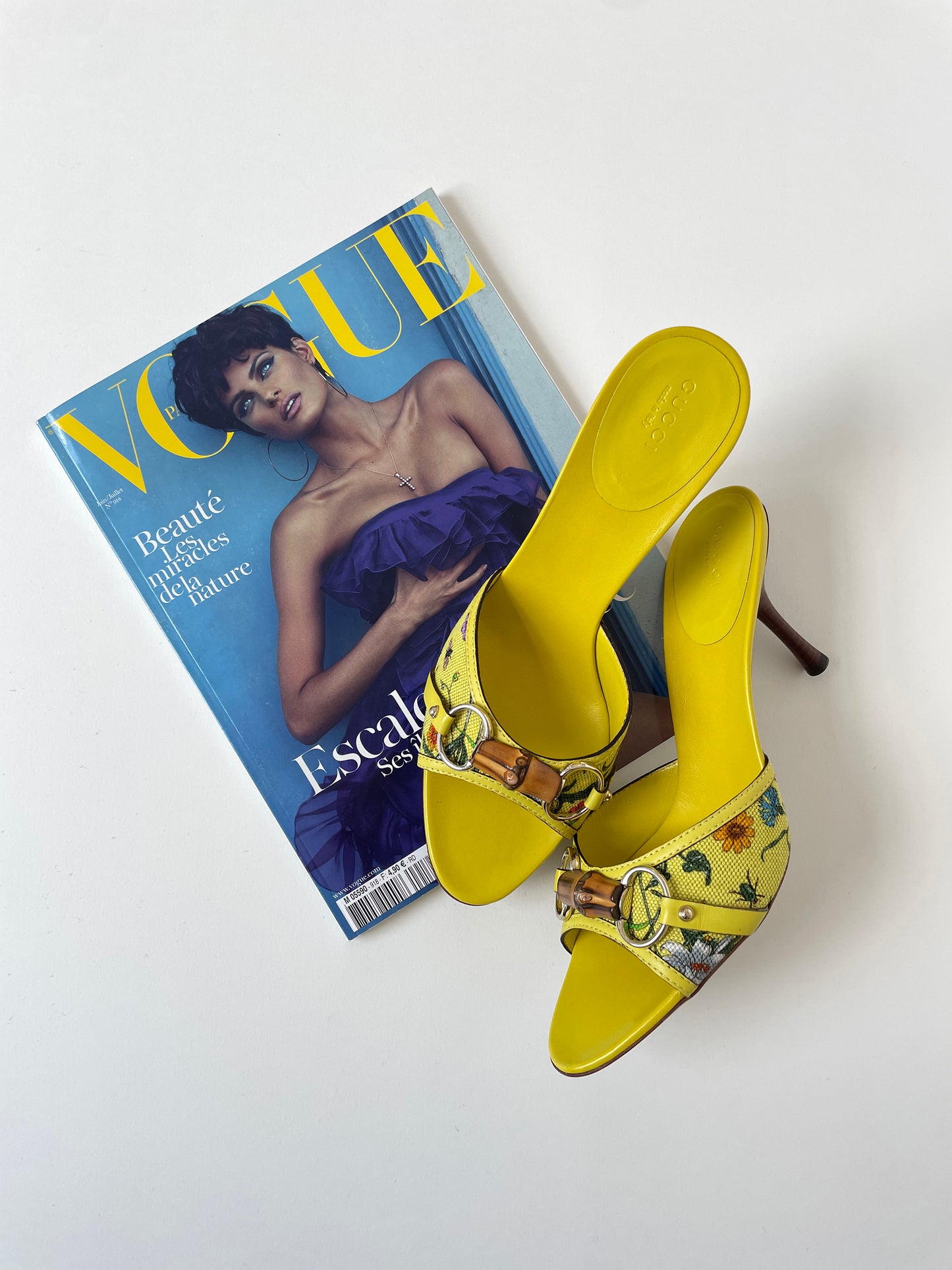 Vintage Gucci by Tom Ford iconic yellow flora bamboo horsebit sandal heels