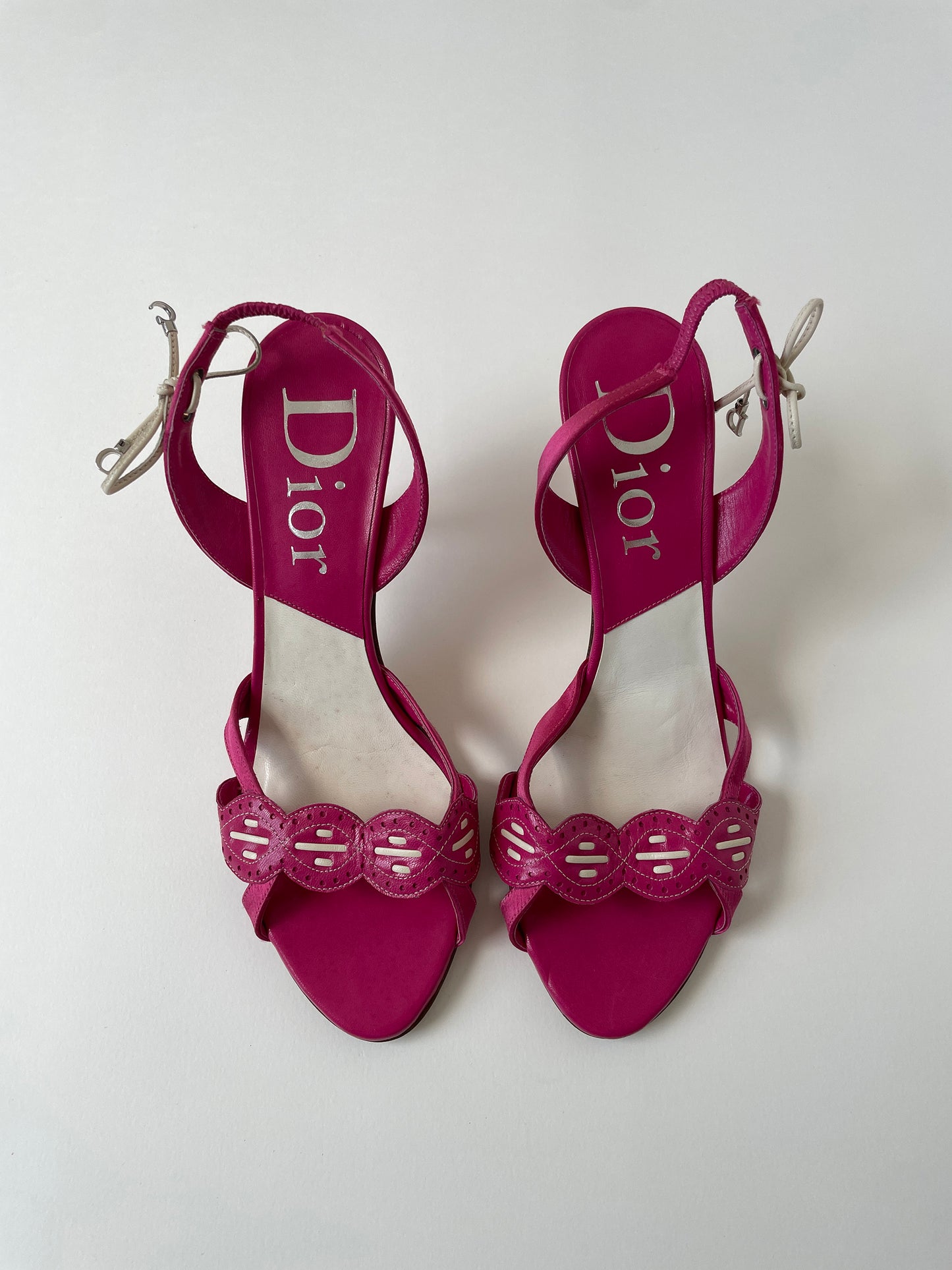 Vintage Christian Dior by John Galliano 2000s pink satin &amp; leather eyelet sandal heels with cute CD logo charm bow details.