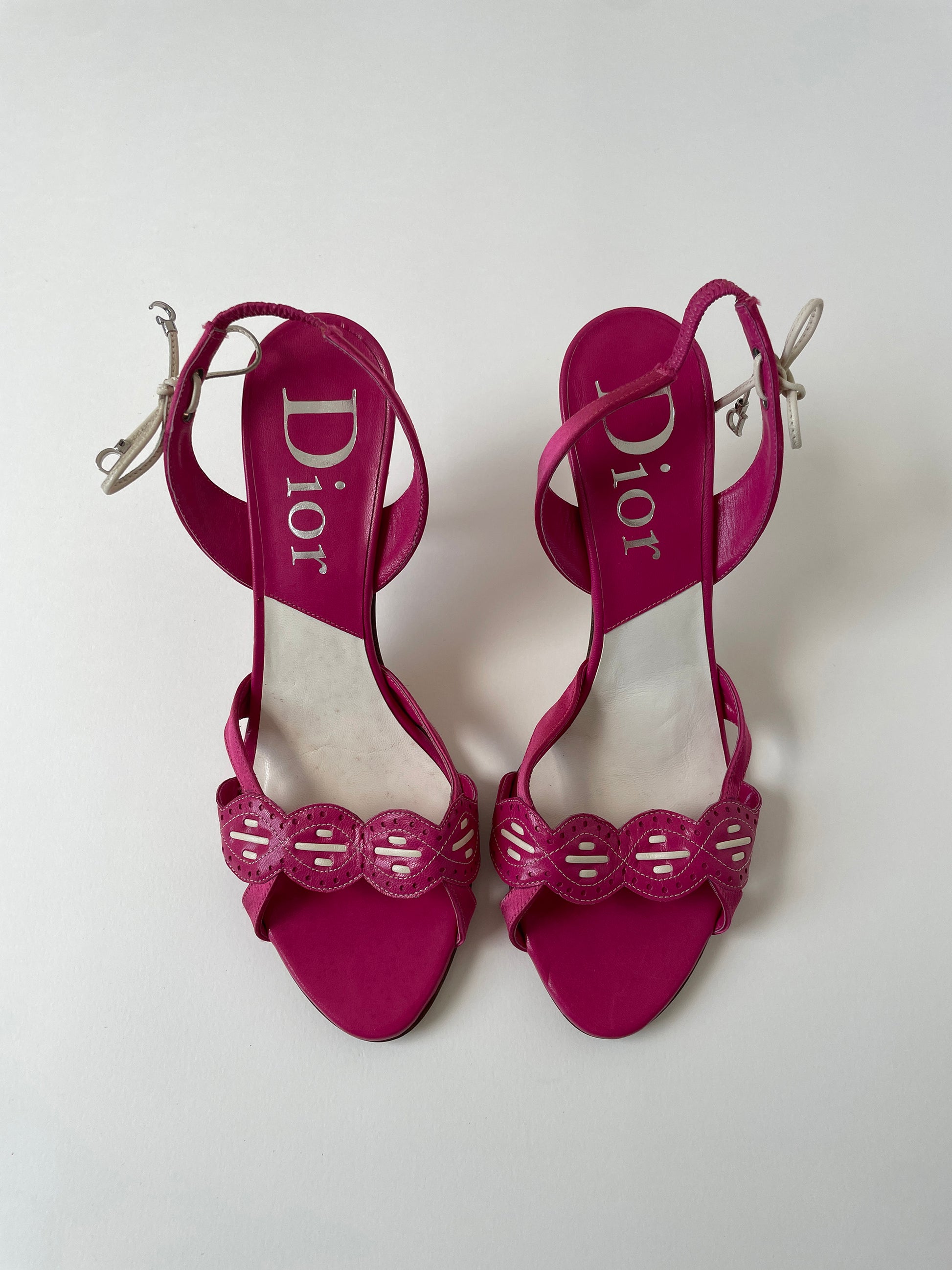 Vintage Christian Dior by John Galliano 2000s pink satin &amp; leather eyelet sandal heels with cute CD logo charm bow details.