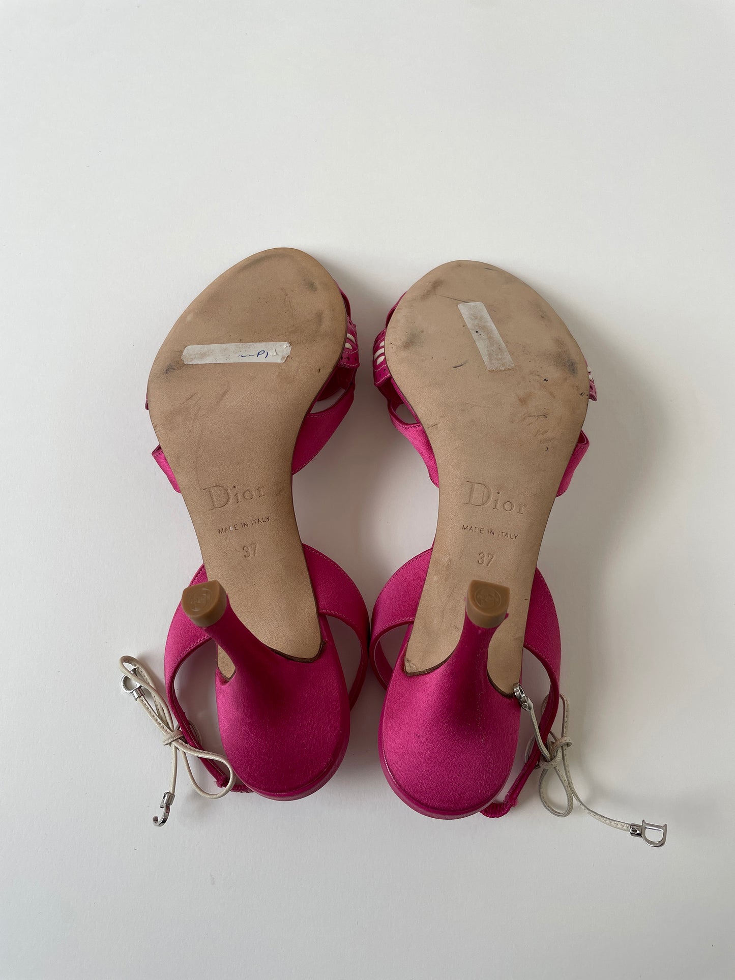 Christian Dior by John Galliano 2000s pink satin eyelet bow charm sandal heels (EU 37 / US 6.5)