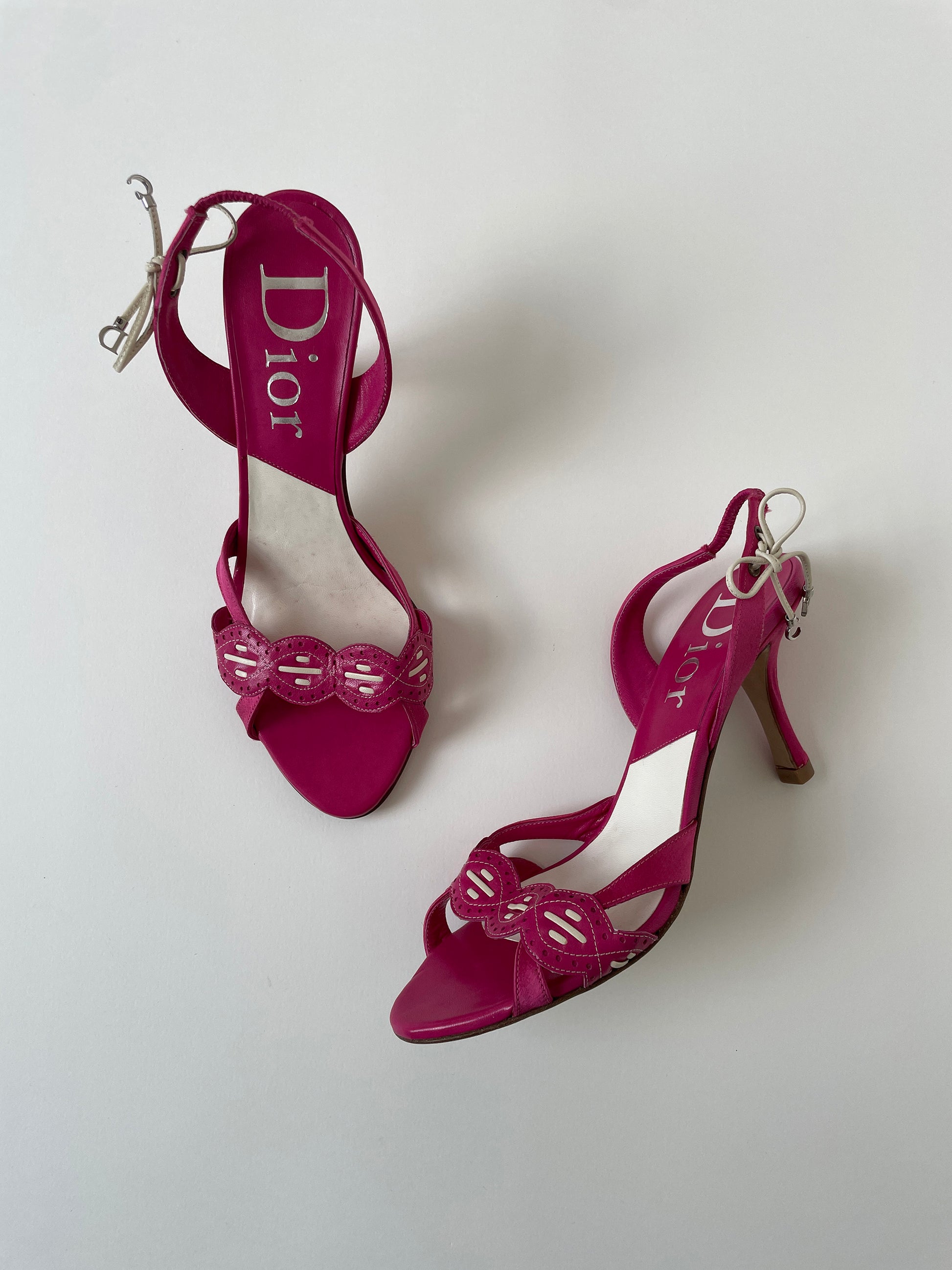 Vintage Christian Dior by John Galliano 2000s pink satin &amp; leather eyelet sandal heels with cute CD logo charm bow details.