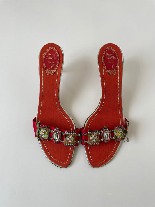 Rene Caovilla 2000s rare tangerine jewelry bow kitten heels UNWORN (EU 41 / US 10.5)