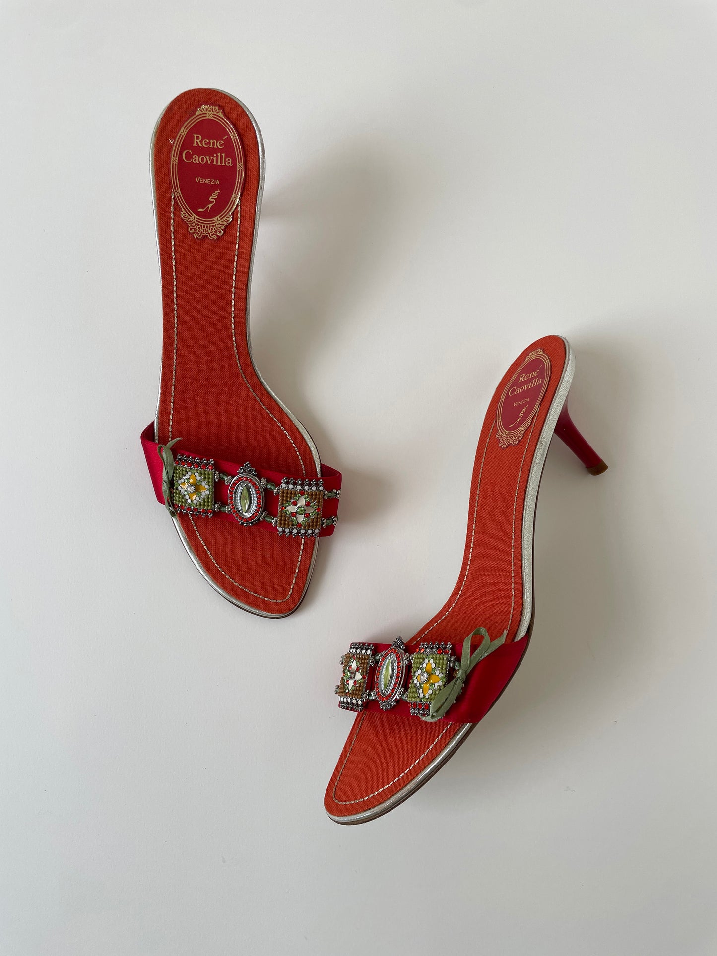 Rene Caovilla 2000s rare tangerine jewelry bow kitten heels UNWORN (EU 41 / US 10.5)