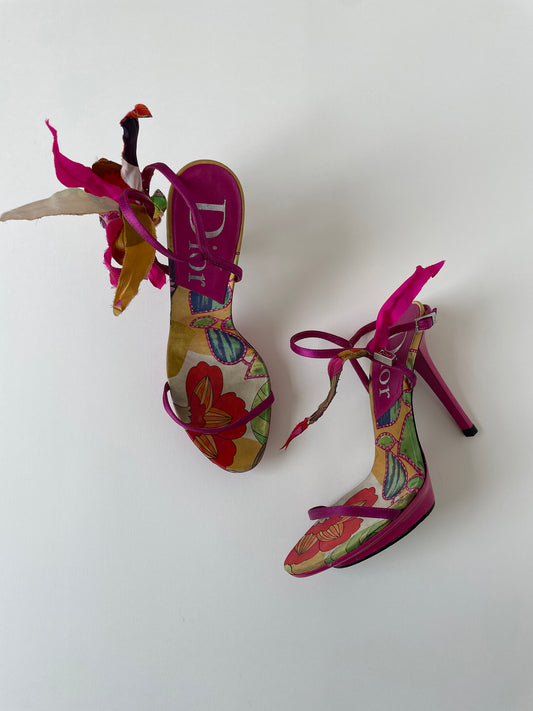 Vintage Christian Dior by John Galliano 2000s silk print plateau sandal heels with big adjustable flower application.