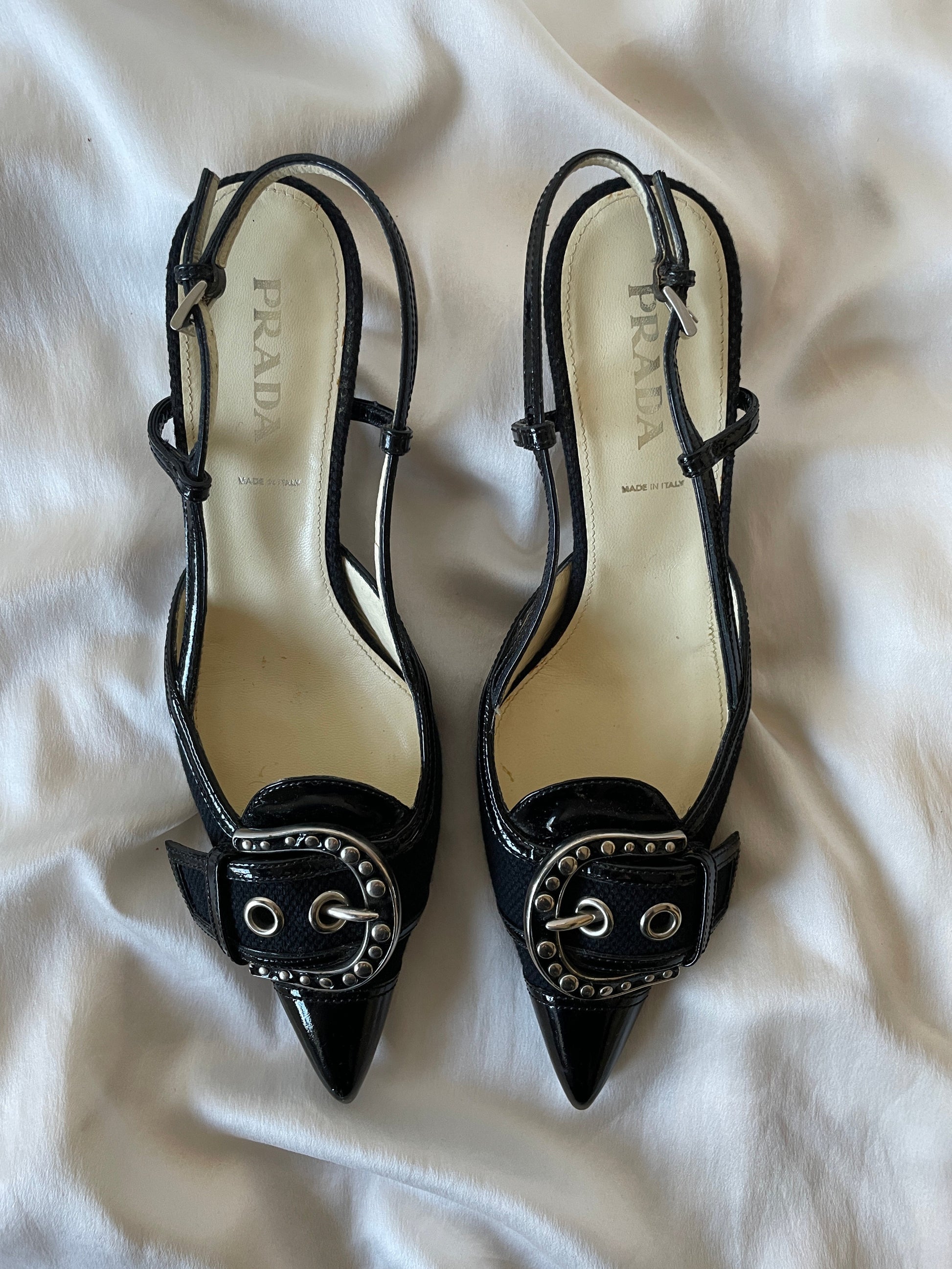 Prada buckle kitten heel sling back pumps – Vintage Baby Archive