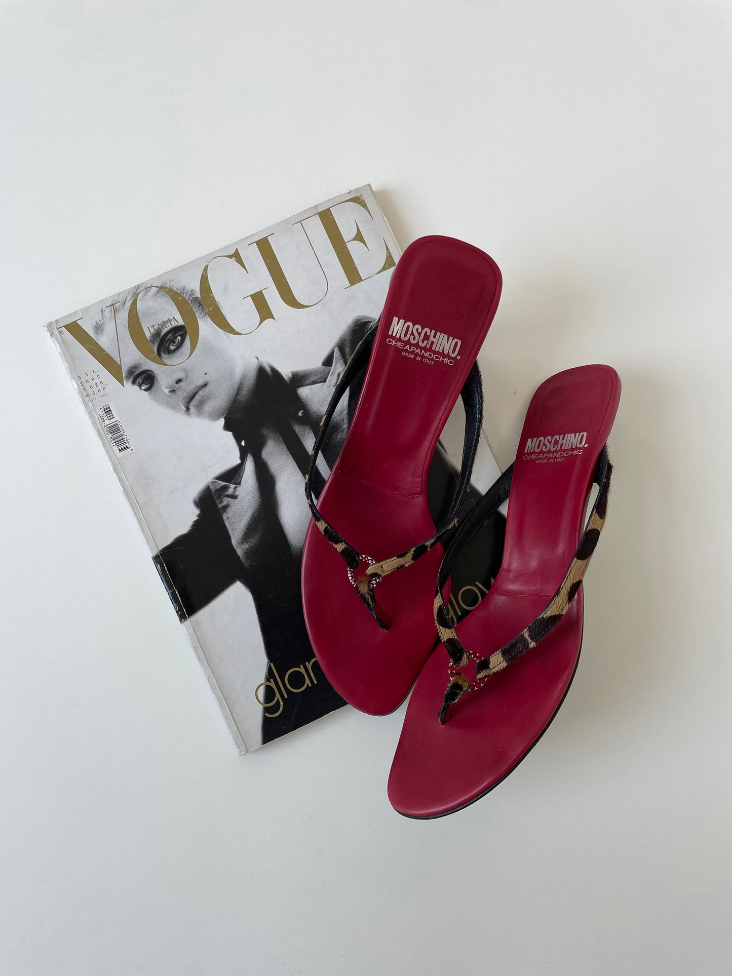 Vintage Moschino 2000s wine red leopard pony heair thong kitten heels with rhinestone ring