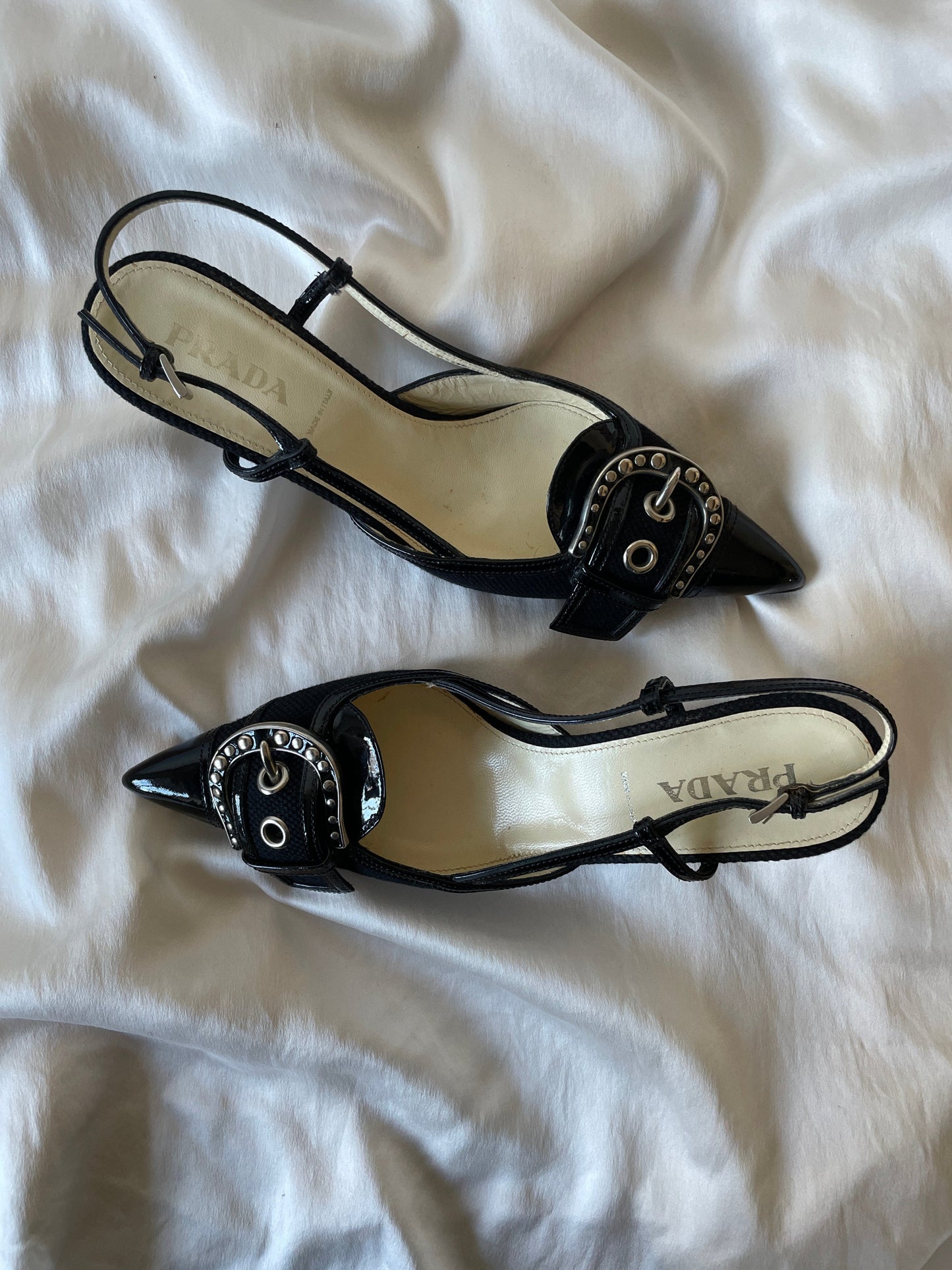 Prada buckle kitten heel sling back pumps