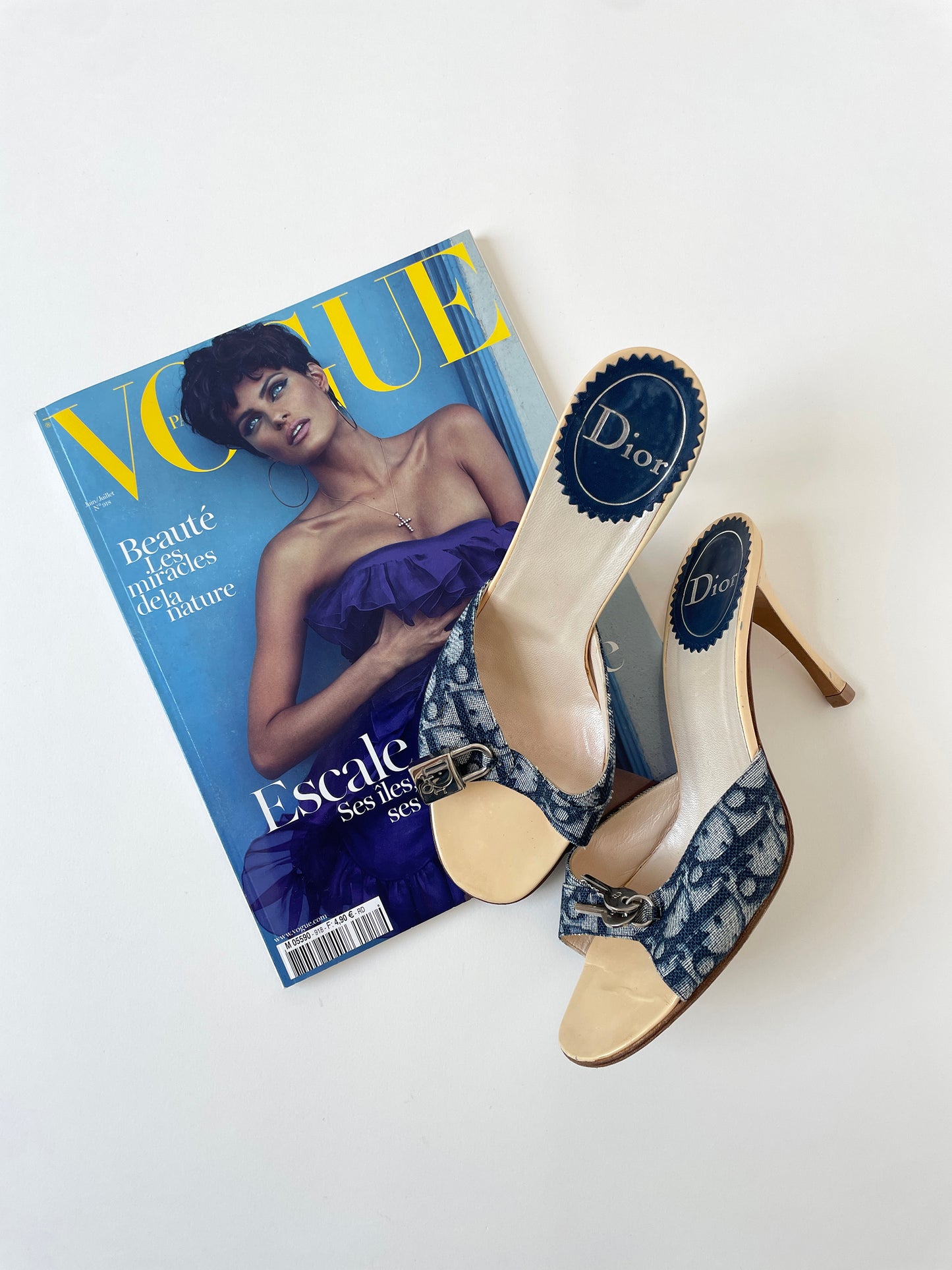 Vintage Christian Dior 2000s iconic denim blue monogram lock key heels with silver padlock details.