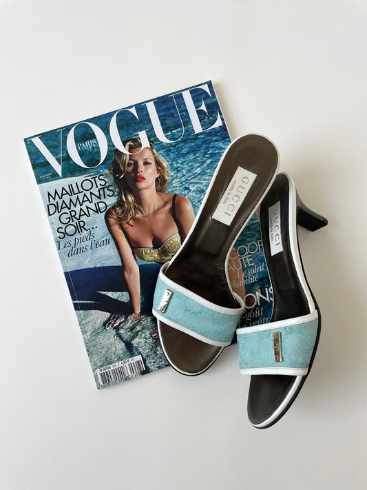 Vintage Gucci 2000s by Tom Ford light blue monogram heels with silver details.