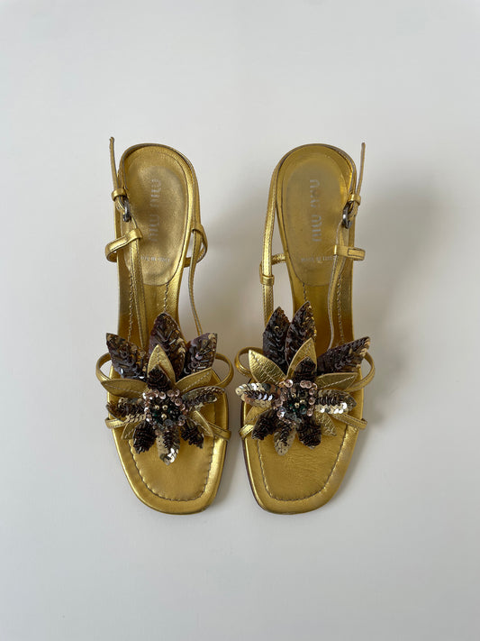 Vintage Miu Miu 2000s metallic golden kitten heels with big sequin flower application