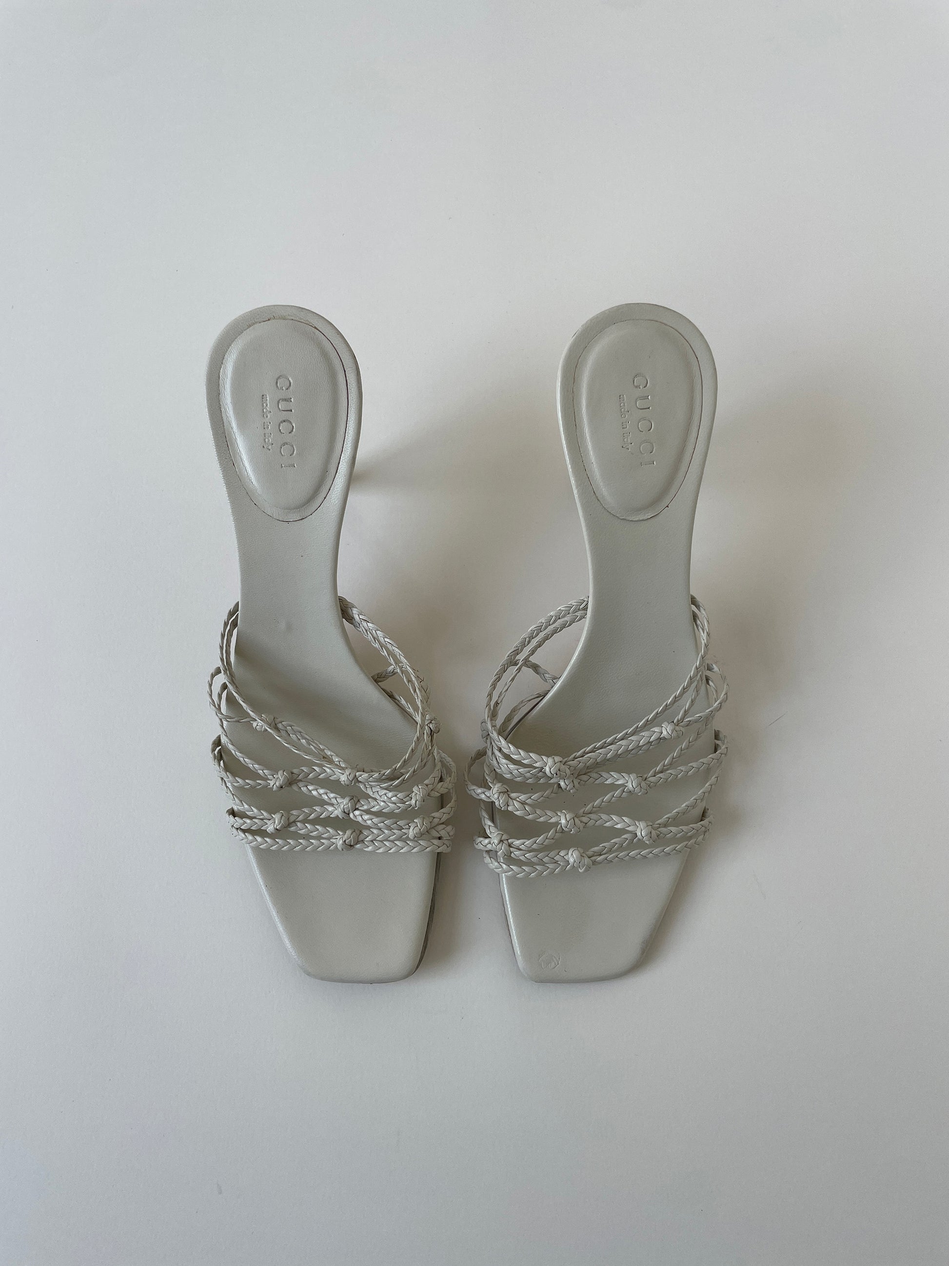 Vintage Gucci 2000s by Tom Ford cream white skinny strappy braided sandal heels