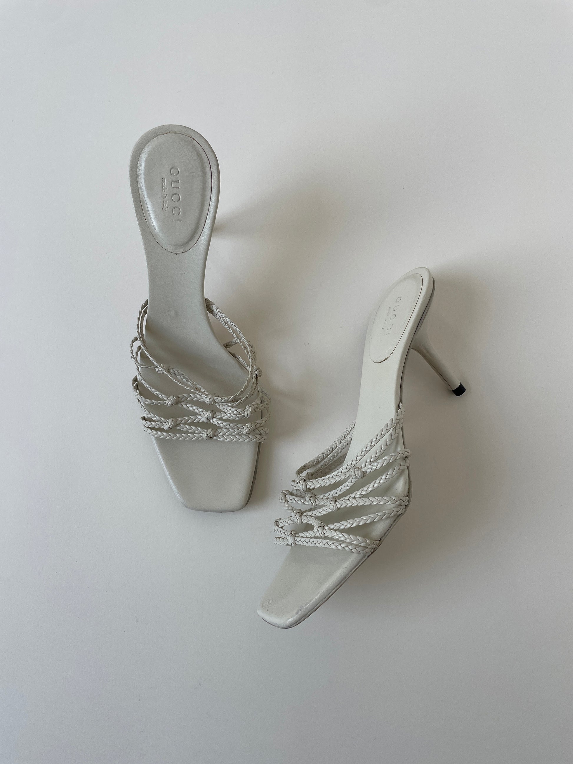 Vintage Gucci 2000s by Tom Ford cream white skinny strappy braided sandal heels