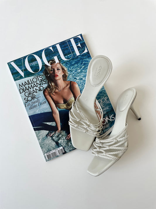 Vintage Gucci 2000s by Tom Ford cream white skinny strappy braided sandal heels