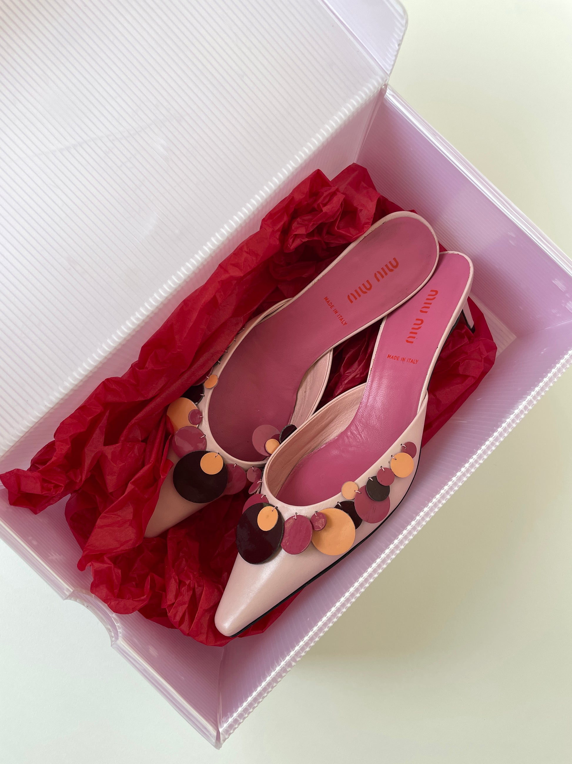 Vintage Miu Miu 2000s pink playful kitten heels with cute applications