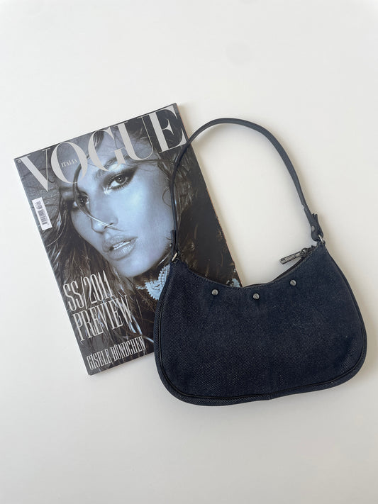 Vintage YSL by Tom Ford 2000s denim mini mombasa baguette bag with logo studs and embossed logo at the strap